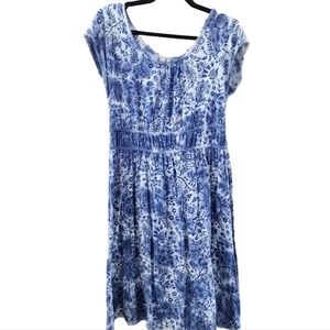 Sahalie Blue Floral 100% Cotton Cap Sleeve Elastic Waist Dress - Size Medium EUC